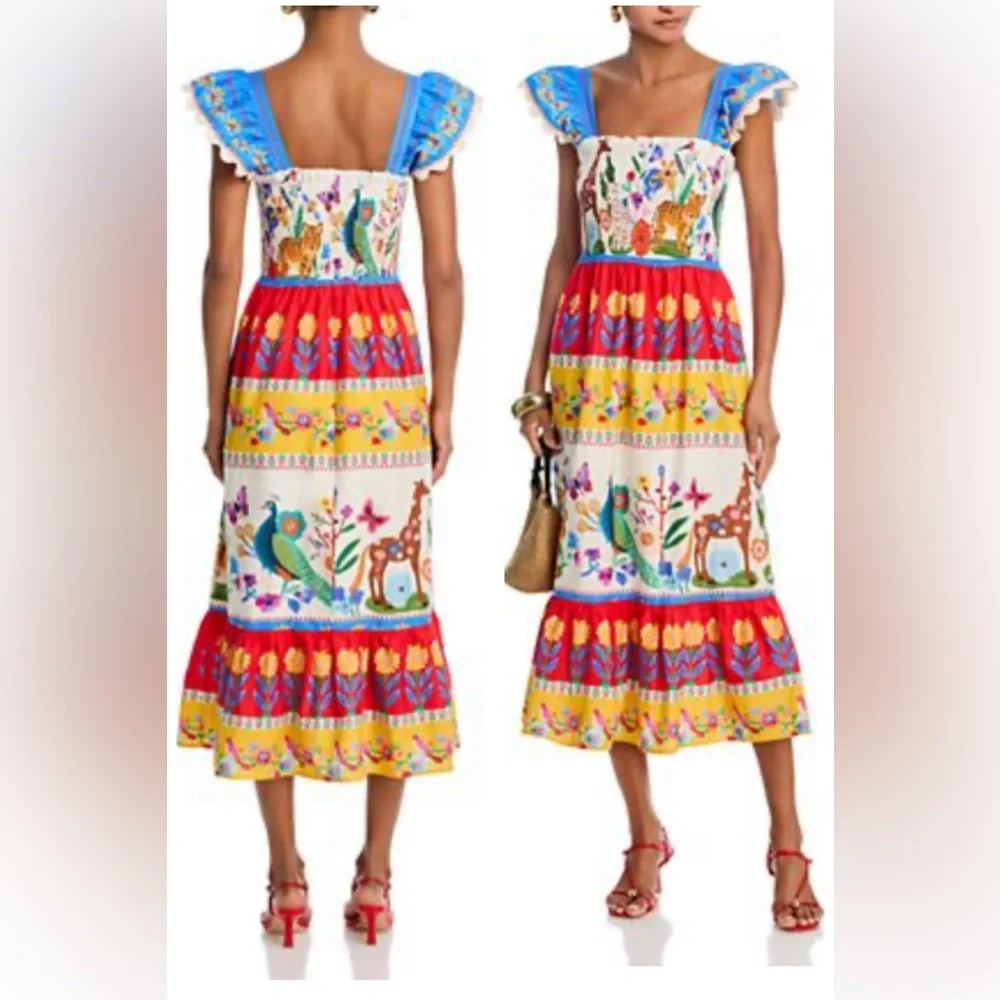 THML Tropical Animal Print Smocked Midi Dress Small Anthropologie NWT - Picture 6 of 16